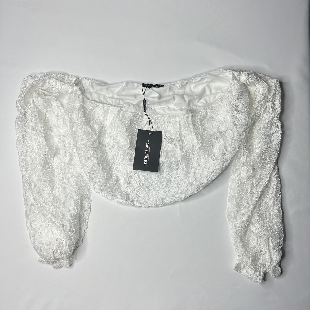 PrettyLittleThing Women's White Lace Bardot Ballon Sleeve Crop Top Size 10